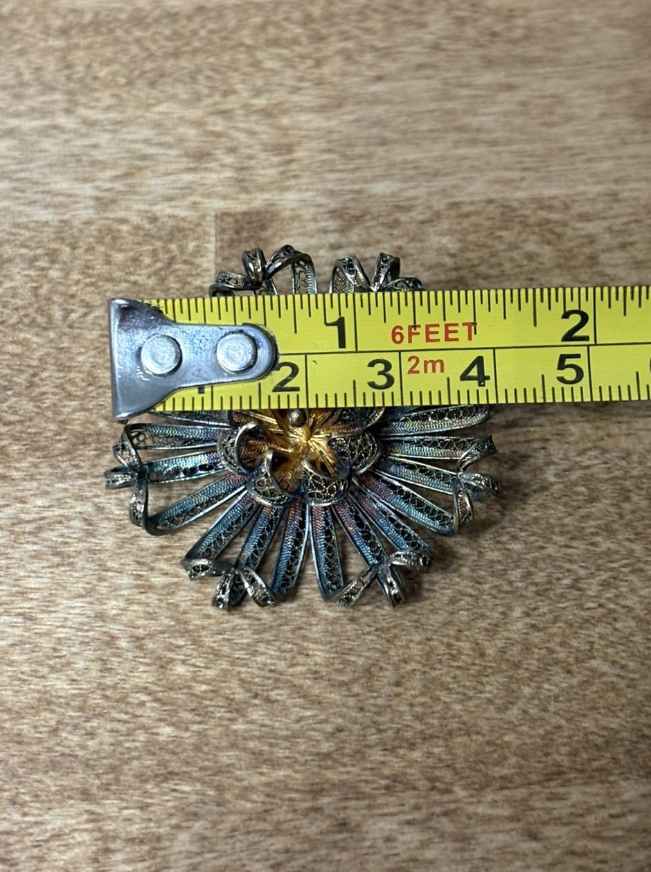 Antique Filigree Flower Brooch w/ Beautifully Toned Silver for Iridescent Color