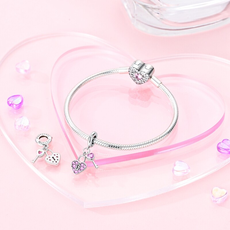 MULA S925 Sterling Silver Charm Pink AAA CZ Key Lock Dangle For Women Bracelet