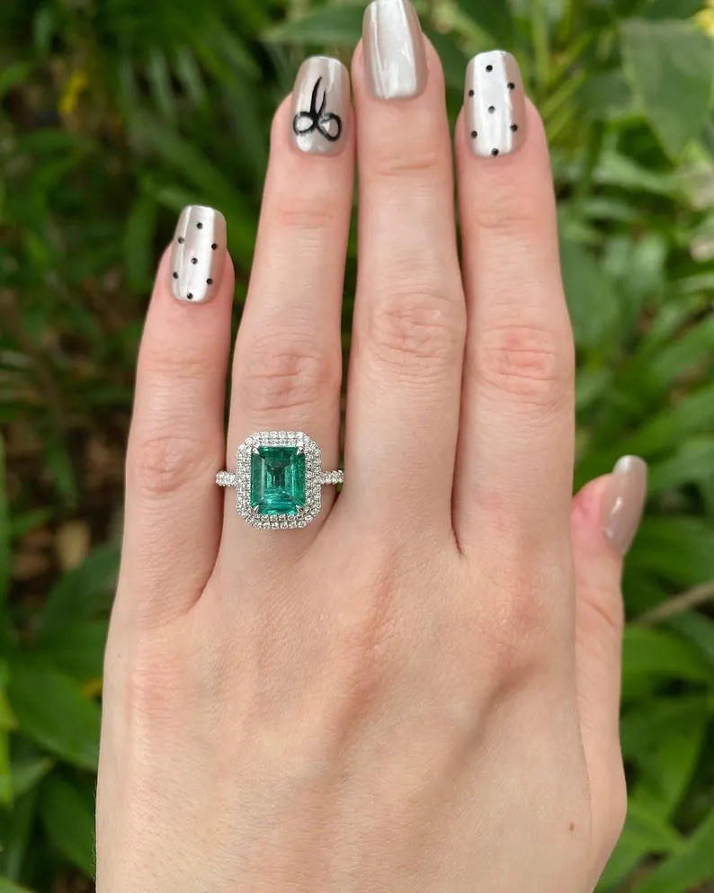 2 Ct Lab-Created Colombian Emerald Cut Double Halo Engagement Ring 935 Silver