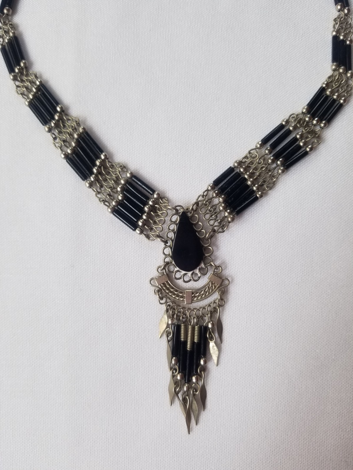 Vintage Peruvian Black Onyx Silver Hand Wired Waterfall Collar Necklace