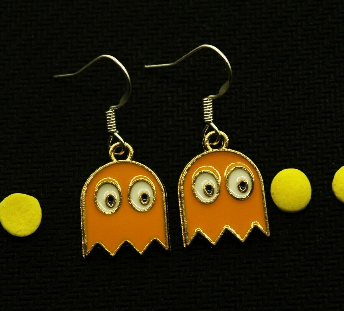 YELLOW PACMAN GHOST EARRINGS Cute Novelty Gamer Gaming Cool Retro Arcade Vintage