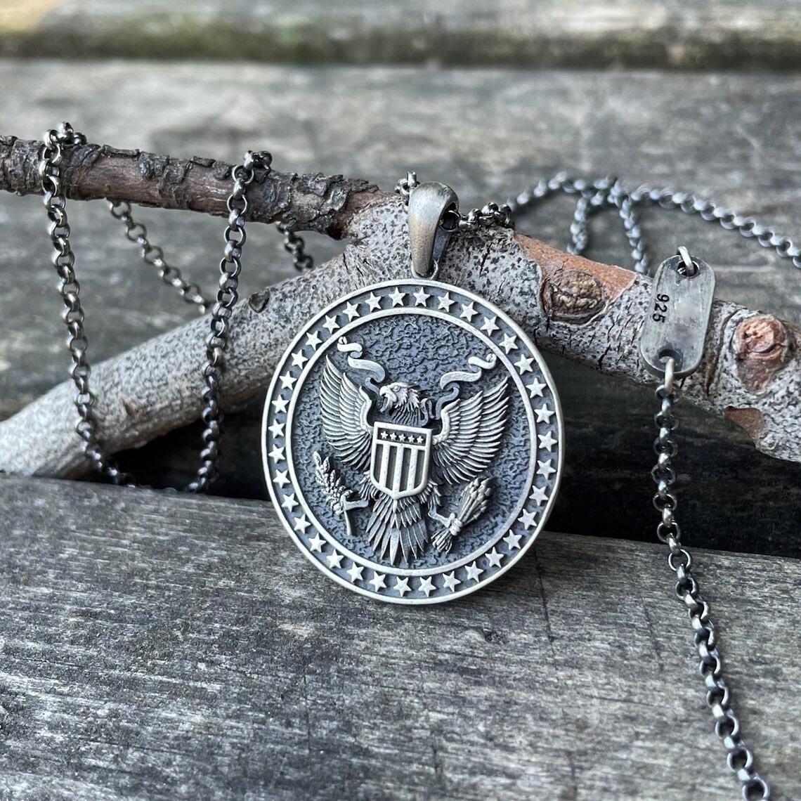 American Eagle Pendant Necklace 925 Sterling Silver Oxidized Necklace Duty Free