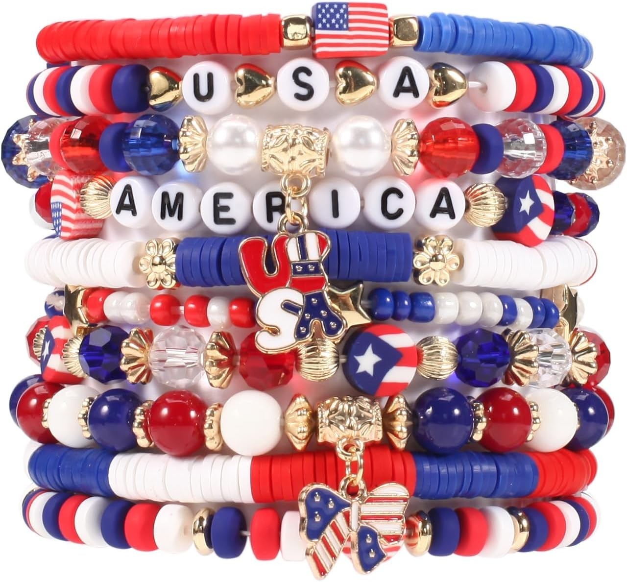 Patriotic Boho Colorful Beads & Charm Bracelets – 10 Pack