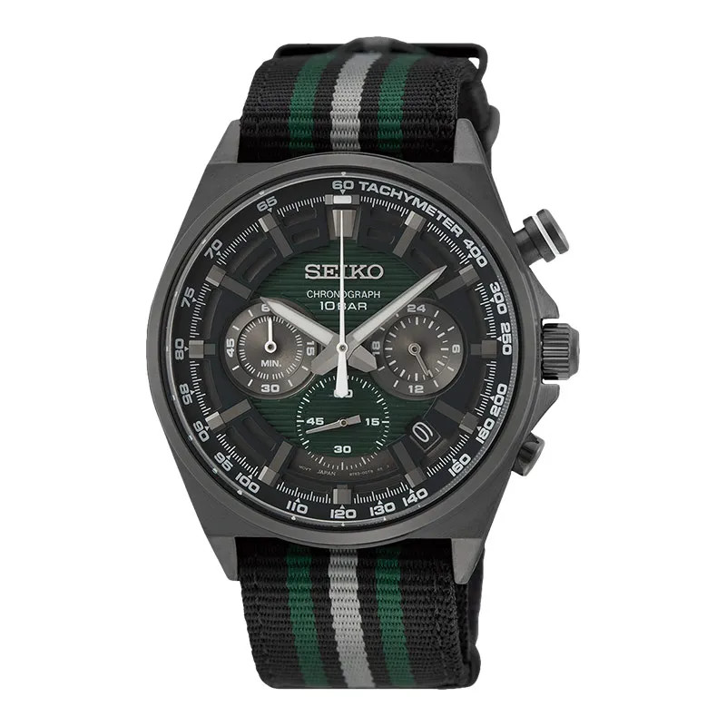 SSB411P1 Seiko Chronograph Discover More Green Dial Multi Color Nylon Strap