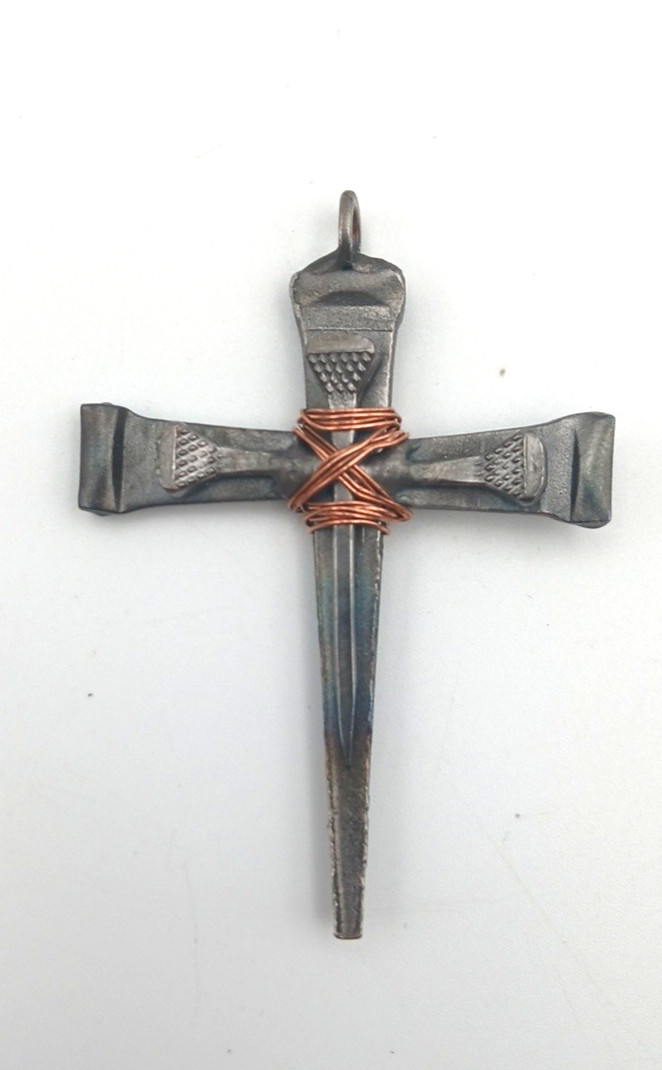 Handmade Steel Copper Cross Pendant Brutalist Rustic 3.25″