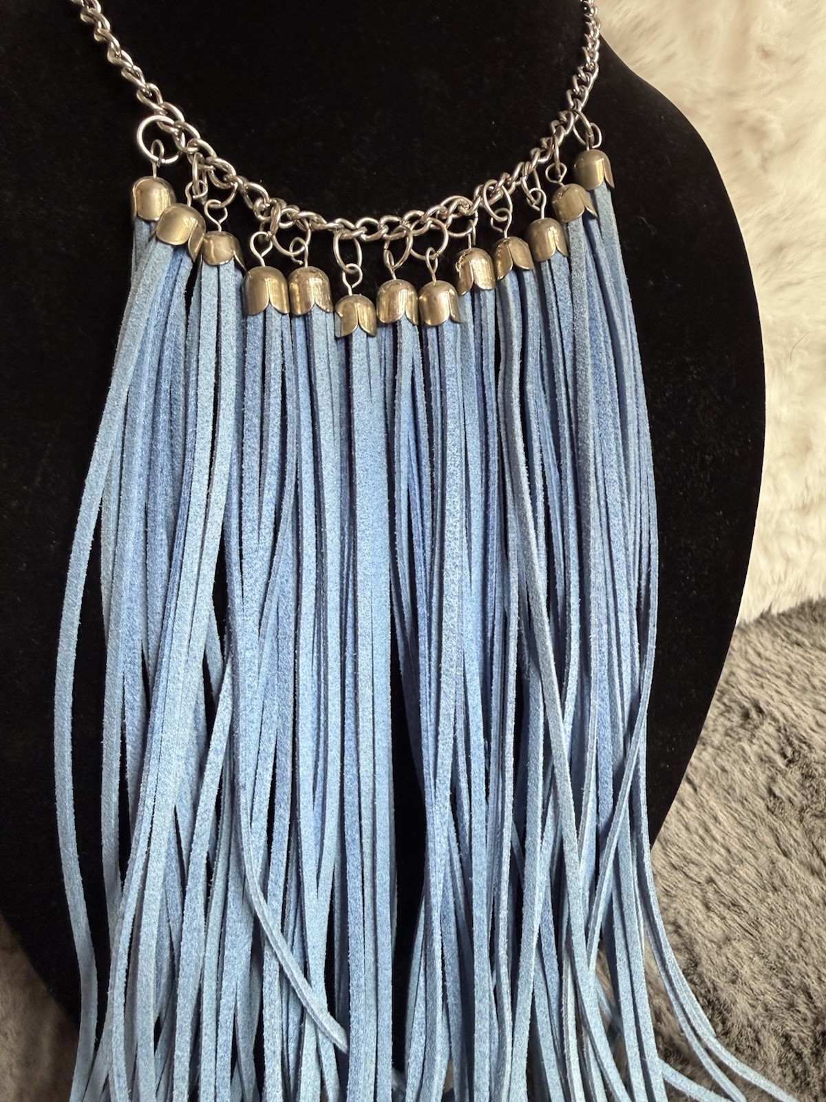 Boho Leather Suede Fringe Statement Necklace handmade by local artist