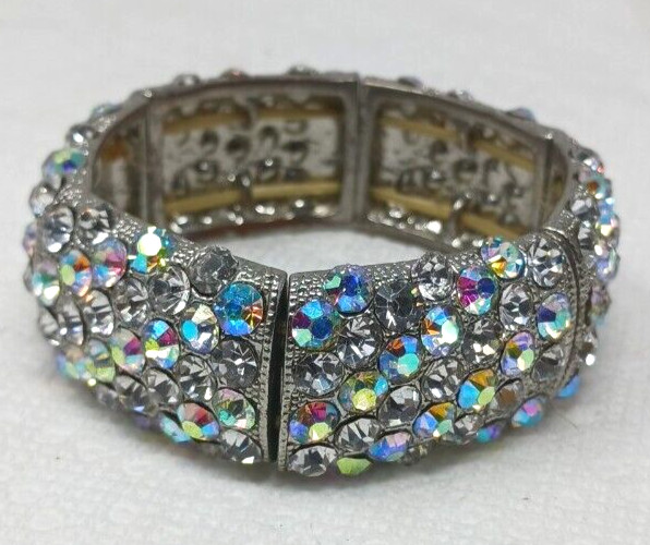 AB Crystal Rhinestone Stretch Bracelet SilverTone Statement BLING Chunky #J10-W