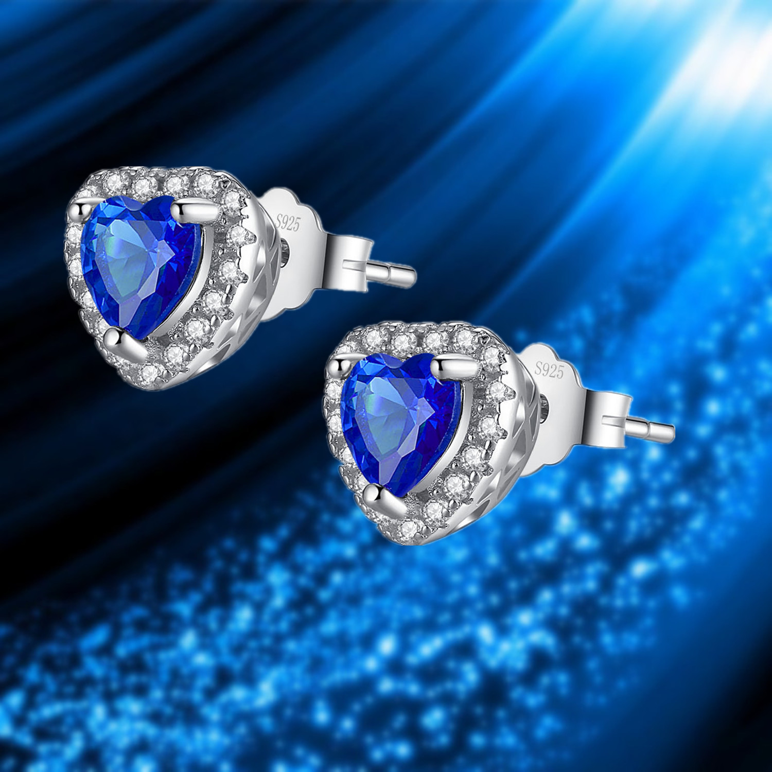 Solid Sterling Silver Simulated Blue Sapphire Heart Shaped Stud Earrings