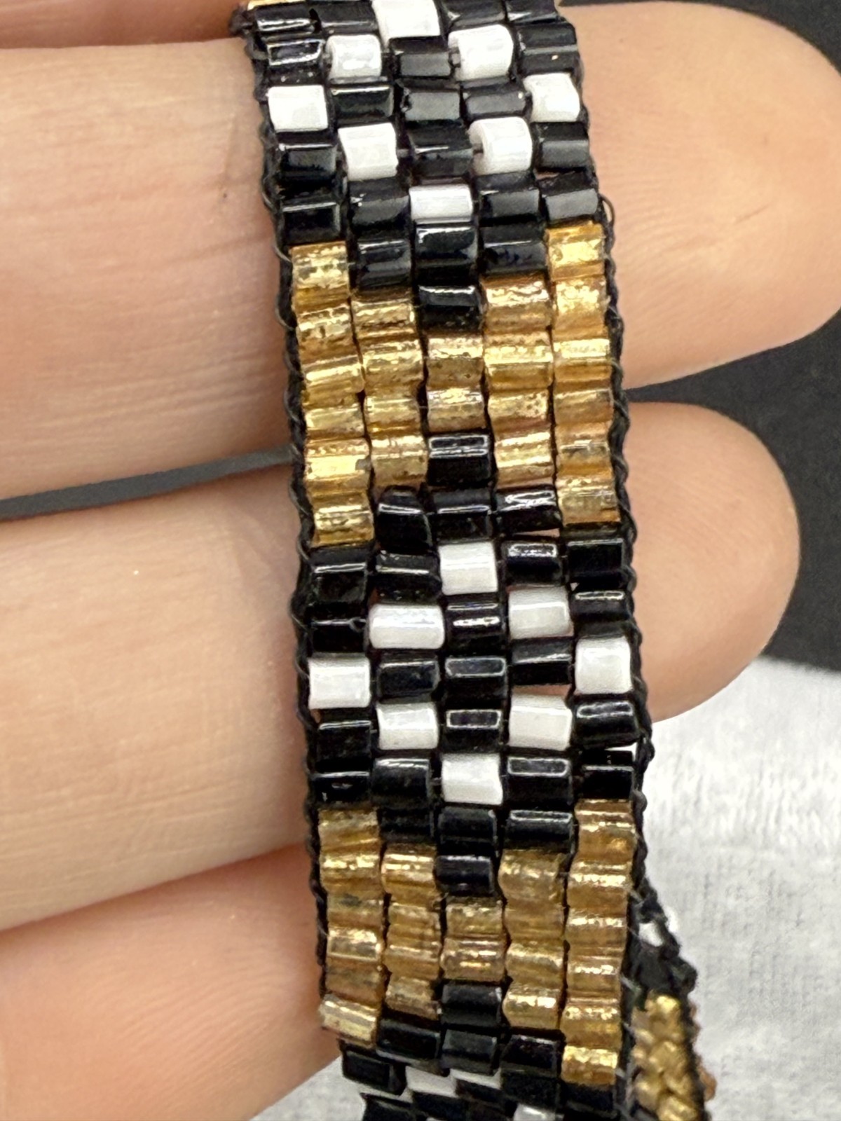 Vintage Southwestern Fringe Beaded Y Tassel Necklace Gold Black White Statement
