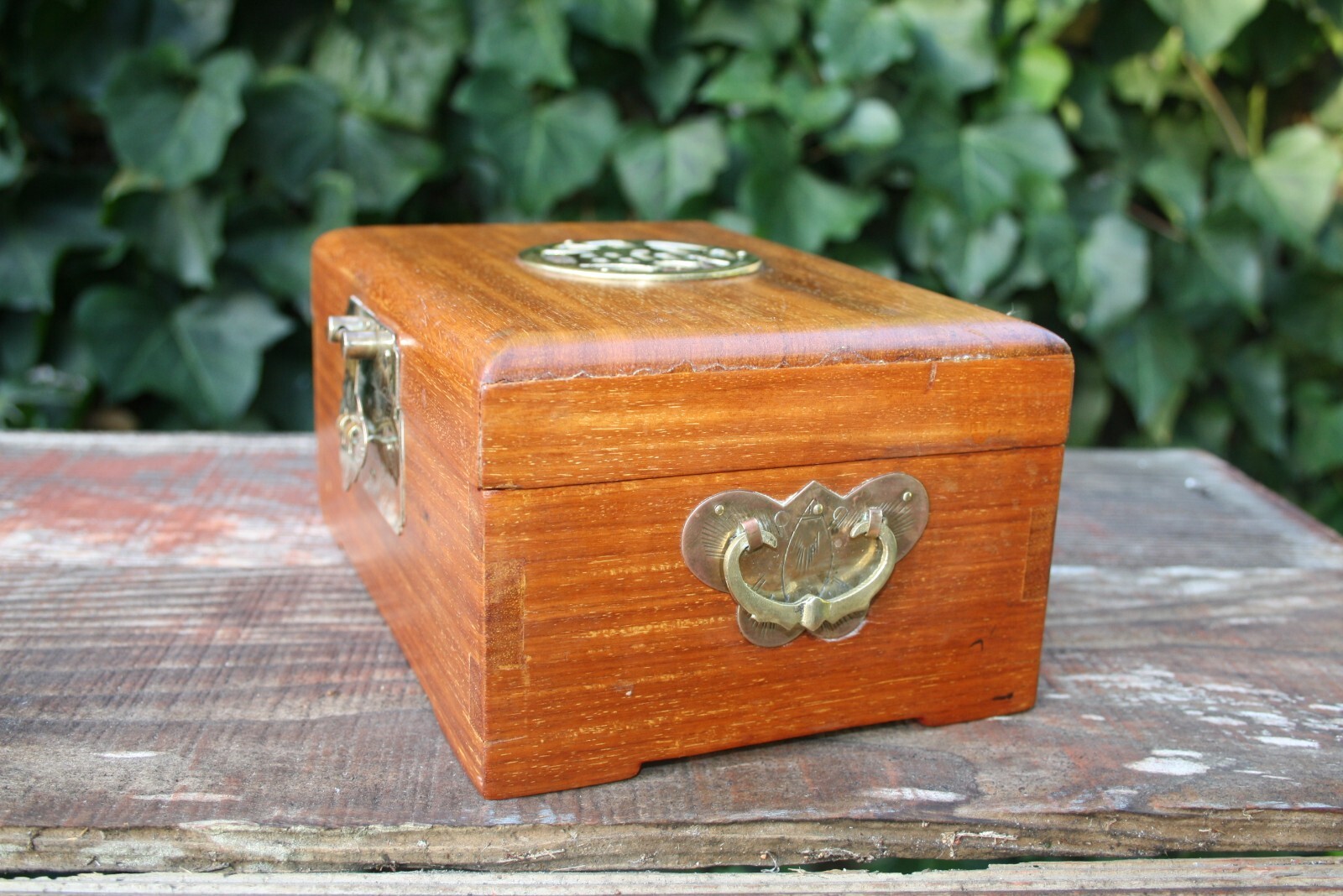 Vintage Chinese Wood & Brass Jewelry Box with Gold Silk Lining Dovetailed