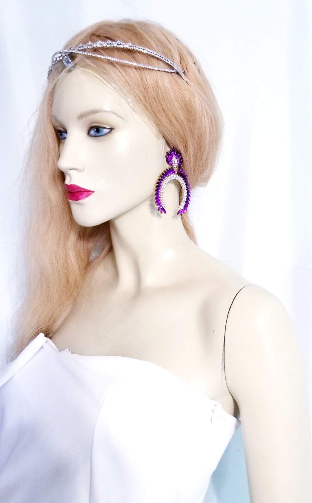 Bridesmaid Drop Dangle Chandelier Earrings 3.2 in Purple Rhinestone Pageant Prom
