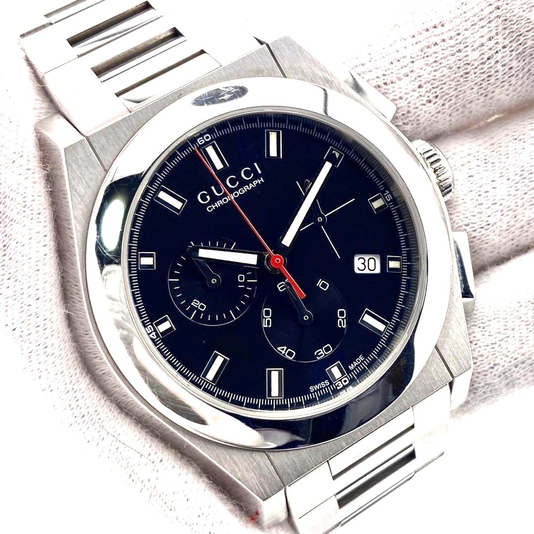 GUCCI Pantheon Chronograph 115.2 Watch Black Dial Steel Silver Men Used