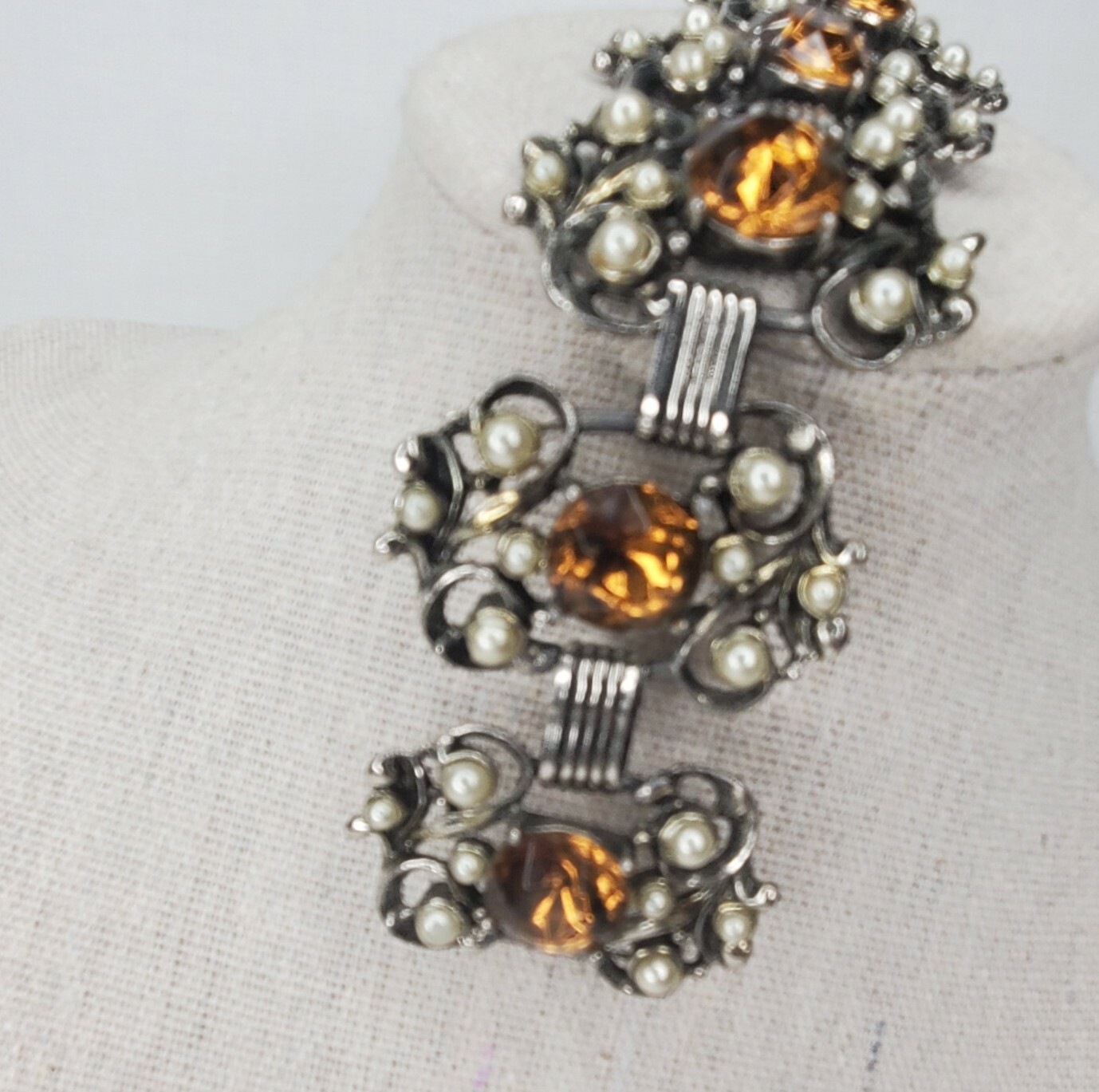 Vintage Panel Bracelet Silver Tone Faux Pearl Citrine Stones Chunky