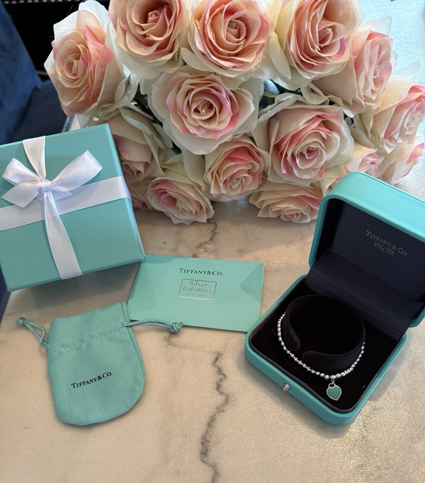 Tiffany & Co Blue Heart Tag Bead Bracelet ( 7.5 Inches )