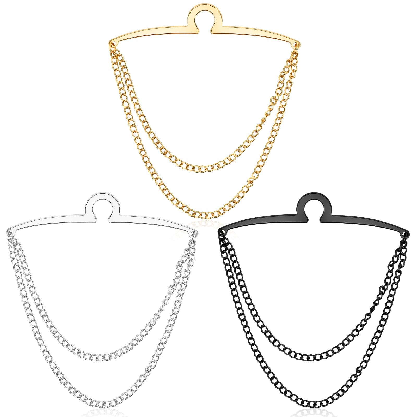 3 Pack Tie Chain for Men, Double Necktie Chains 3 Pack, gold, silver, black
