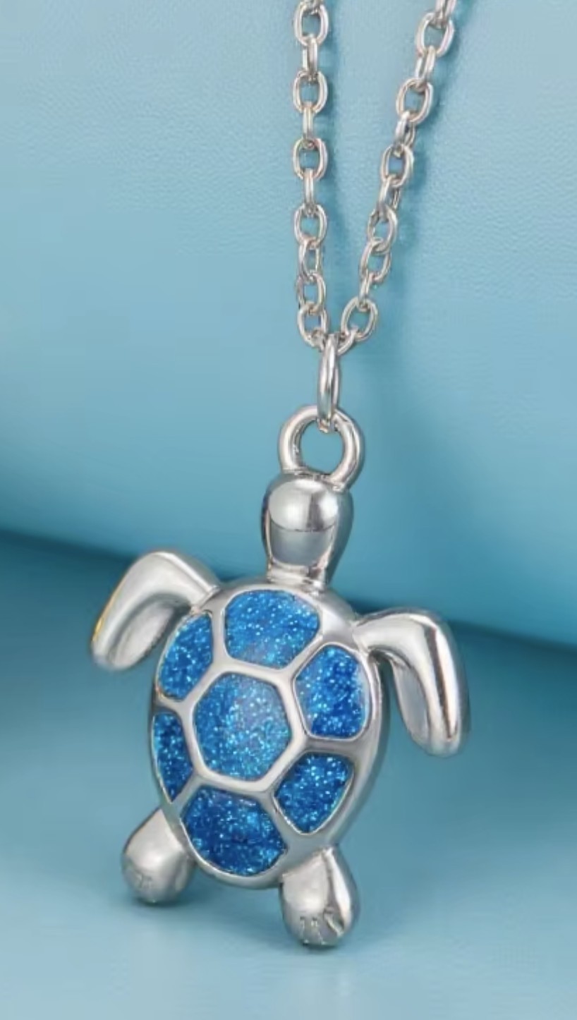 Stainless Steel blue turtle necklace with 45 cm (17.7 in) chain + 2 in extender