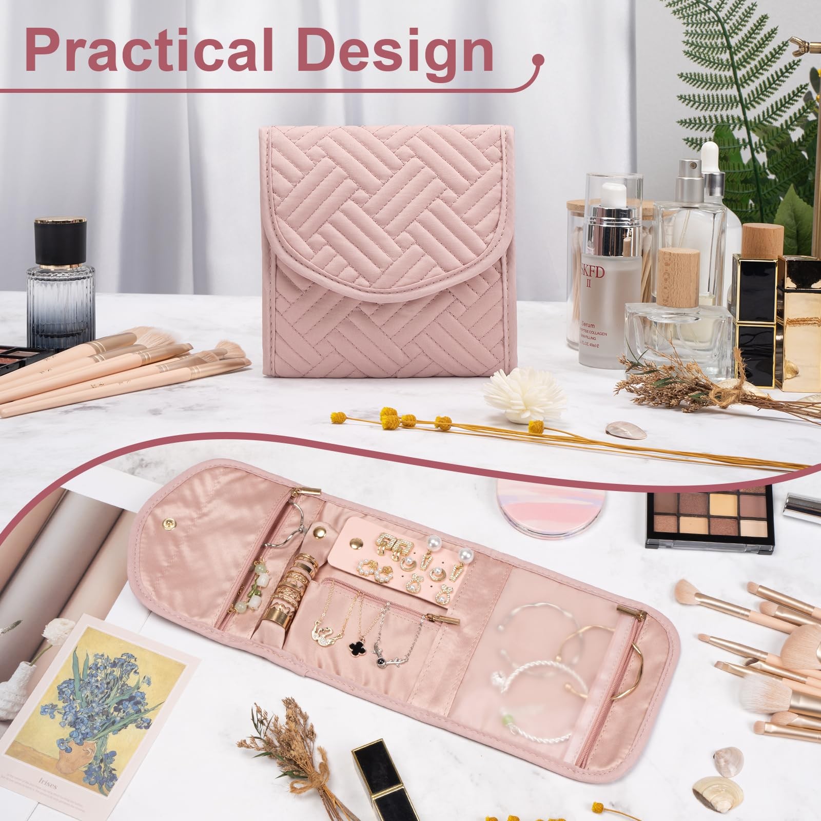 Amrules Travel Jewelry Roll Organizer Bag Foldable and Anti-Lost Small, Pink