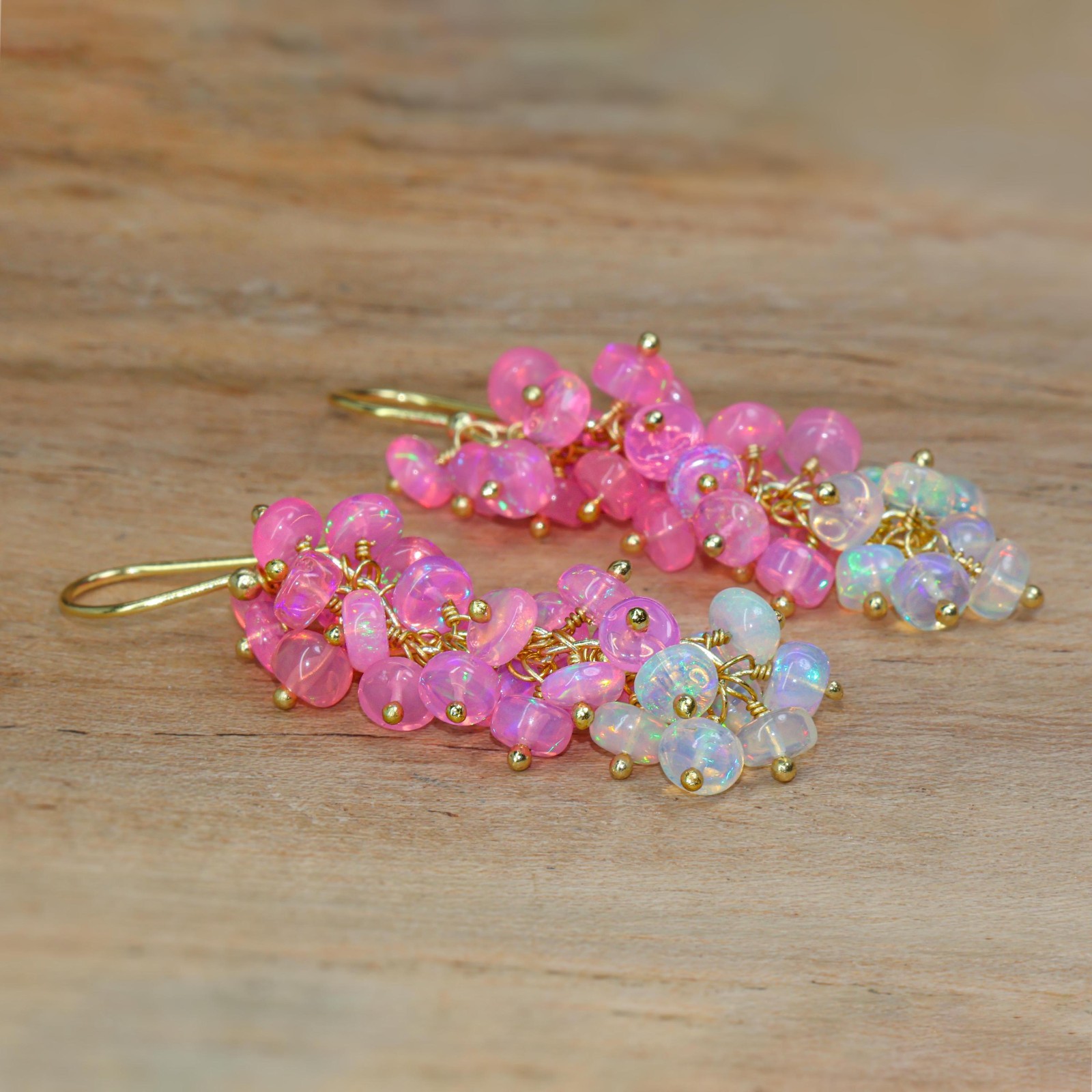 Pink and White Opal Beads Earring, Natural Opal Gemstone Cluster Earring for her