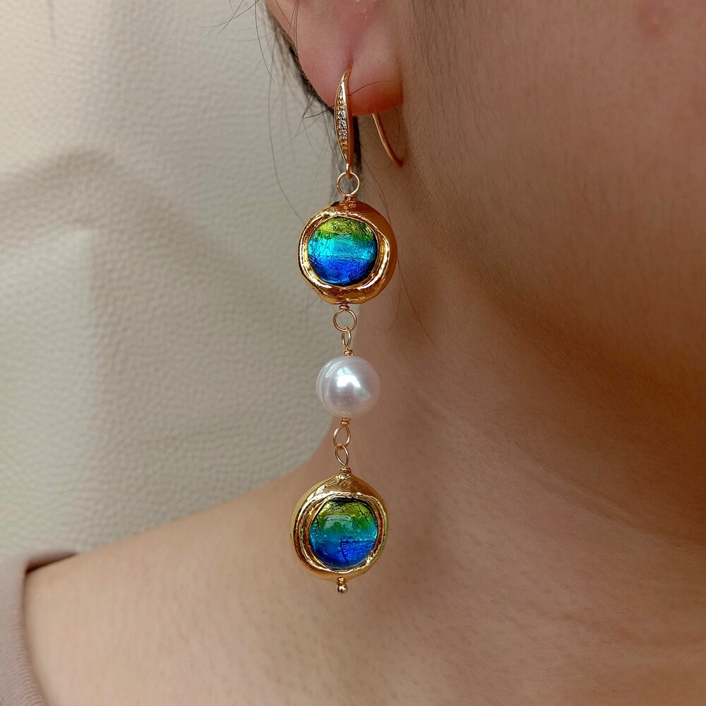 Freshwater Cultured White Keshi Pearl Blue Murano Glass DangleHook Earrings