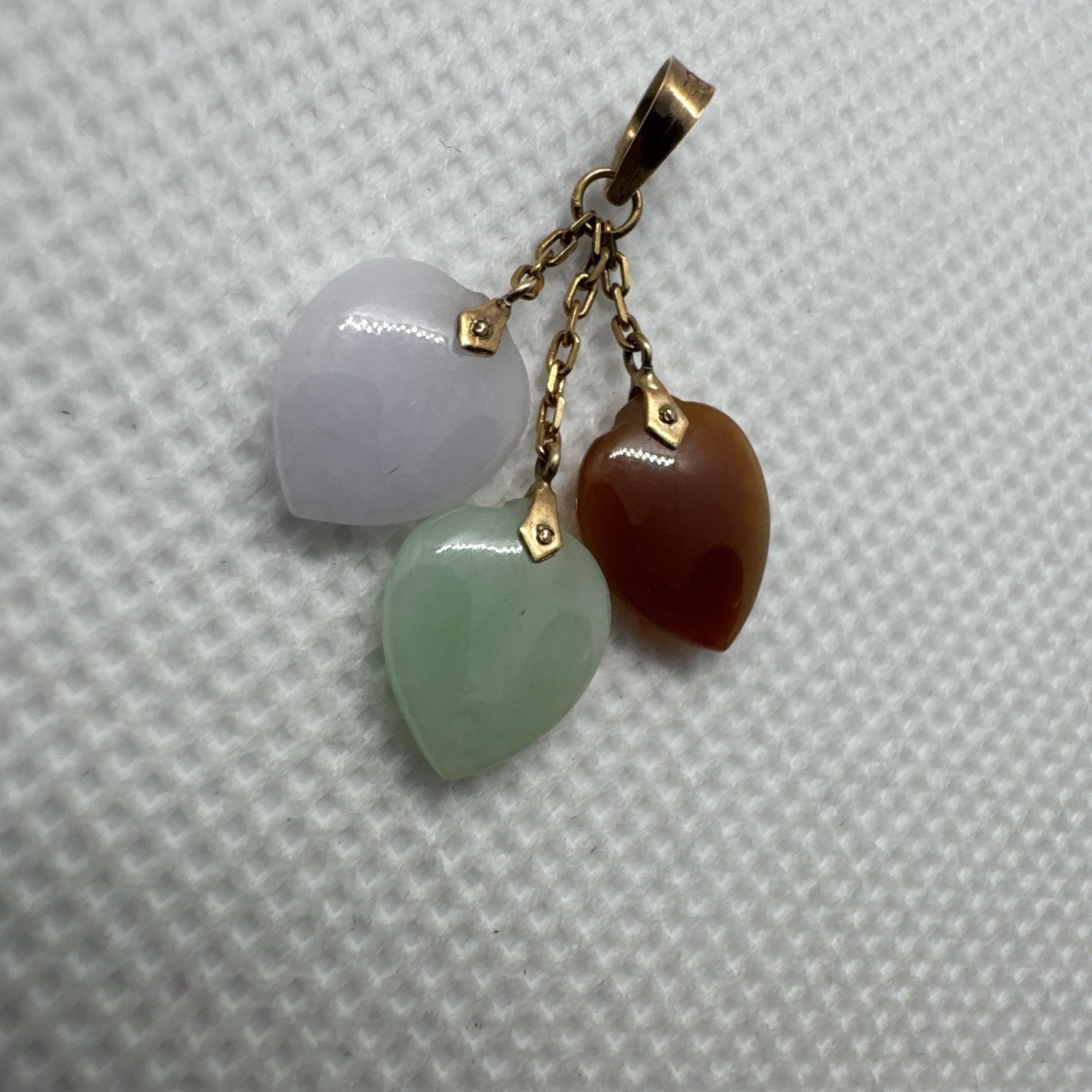 14k Solid Yellow Gold Green Brown White Jadeite Jade 3 Heart Pendant Charm 585