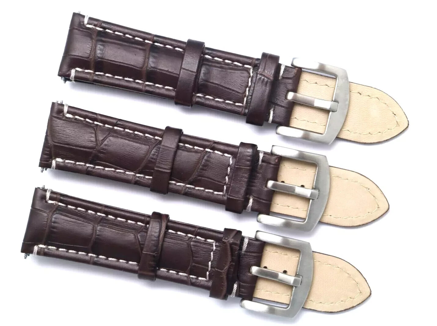 3Pcs 22mm Brown Croco Embossed Leather Contrast Stitch Watch Strap Silver Buckle