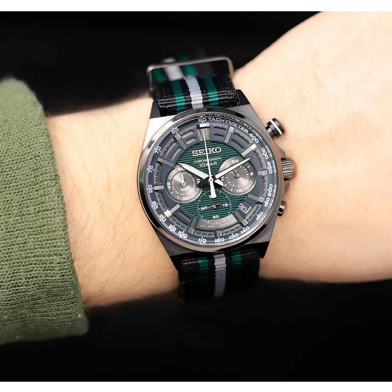 Seiko Chronograph SSB411P1 Discover More Green Dial Multi Color Nylon Strap