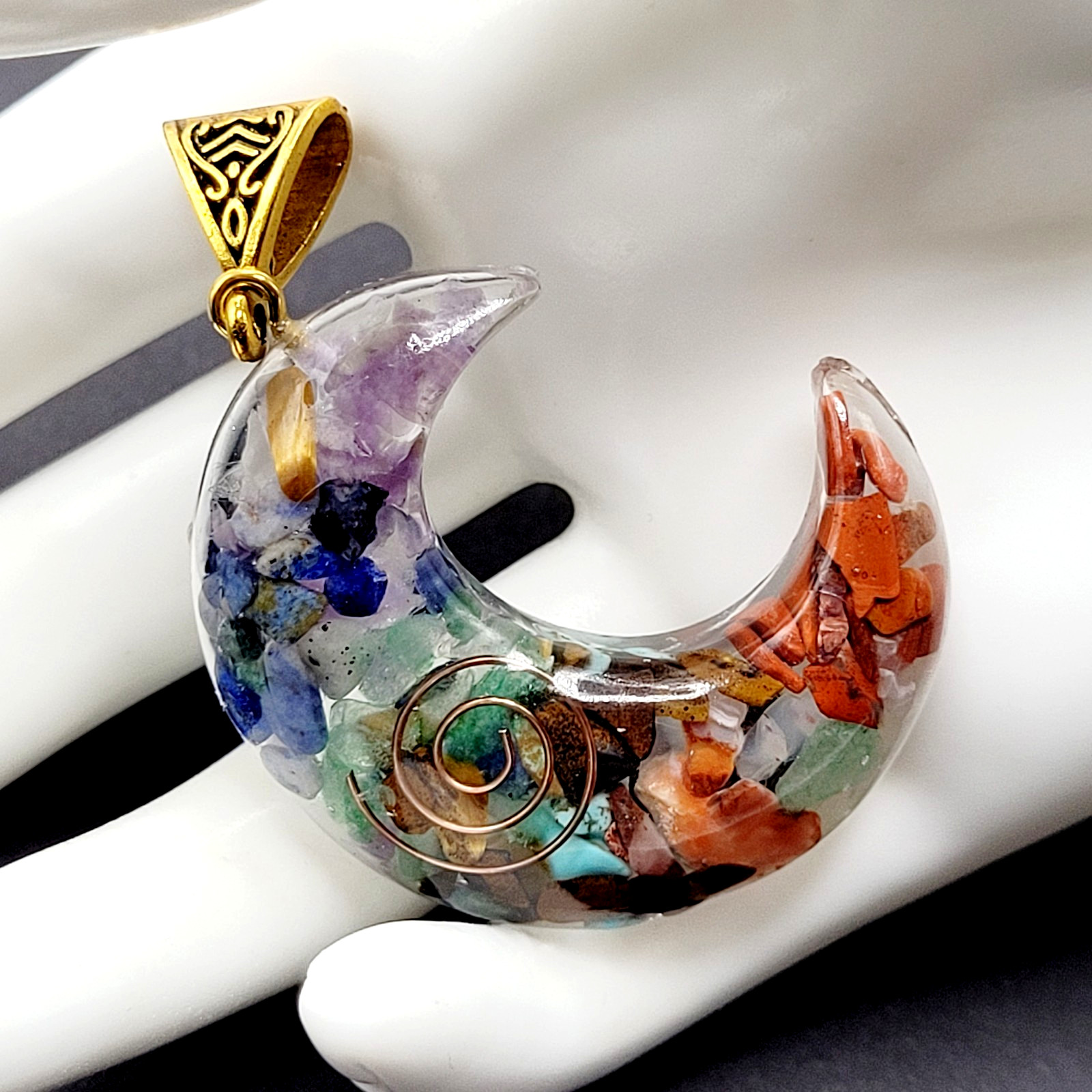 Crescent Moon Shape Orgone Chakra Crystal Chip Pendant Ornate Bail No Chain