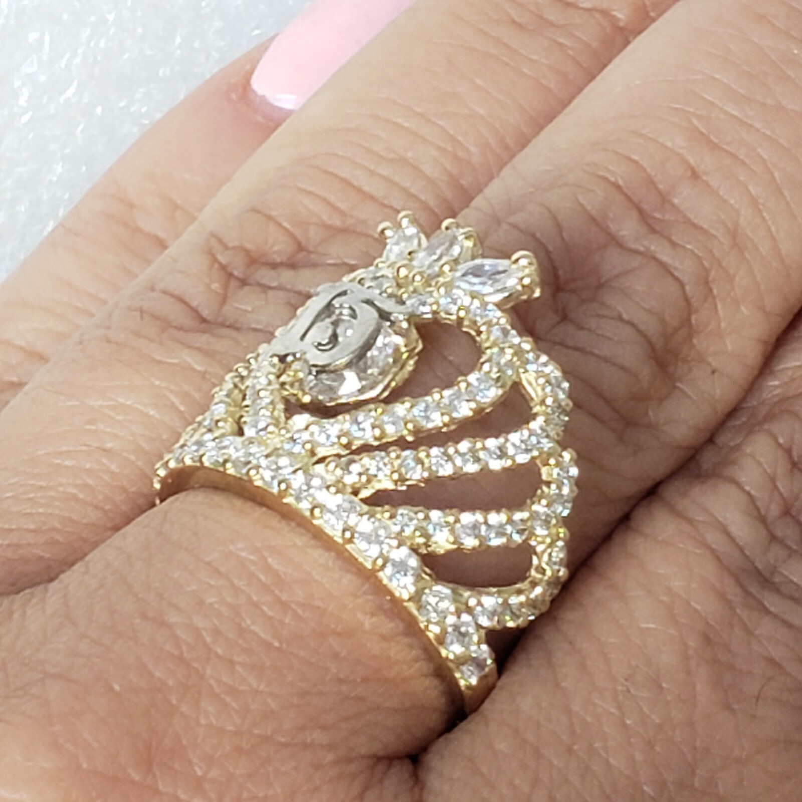 Big 10k yellow gold quinceanera 15 crown ring size 5 6 7 8 9 10 womans