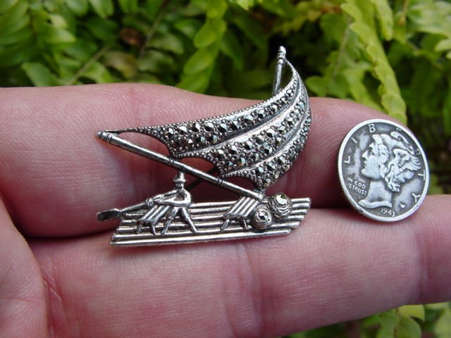 Sterling w marcasite – RAFT SAILBOAT PIN – Kon Tiki (?) brooch – ACI 935 -Norway