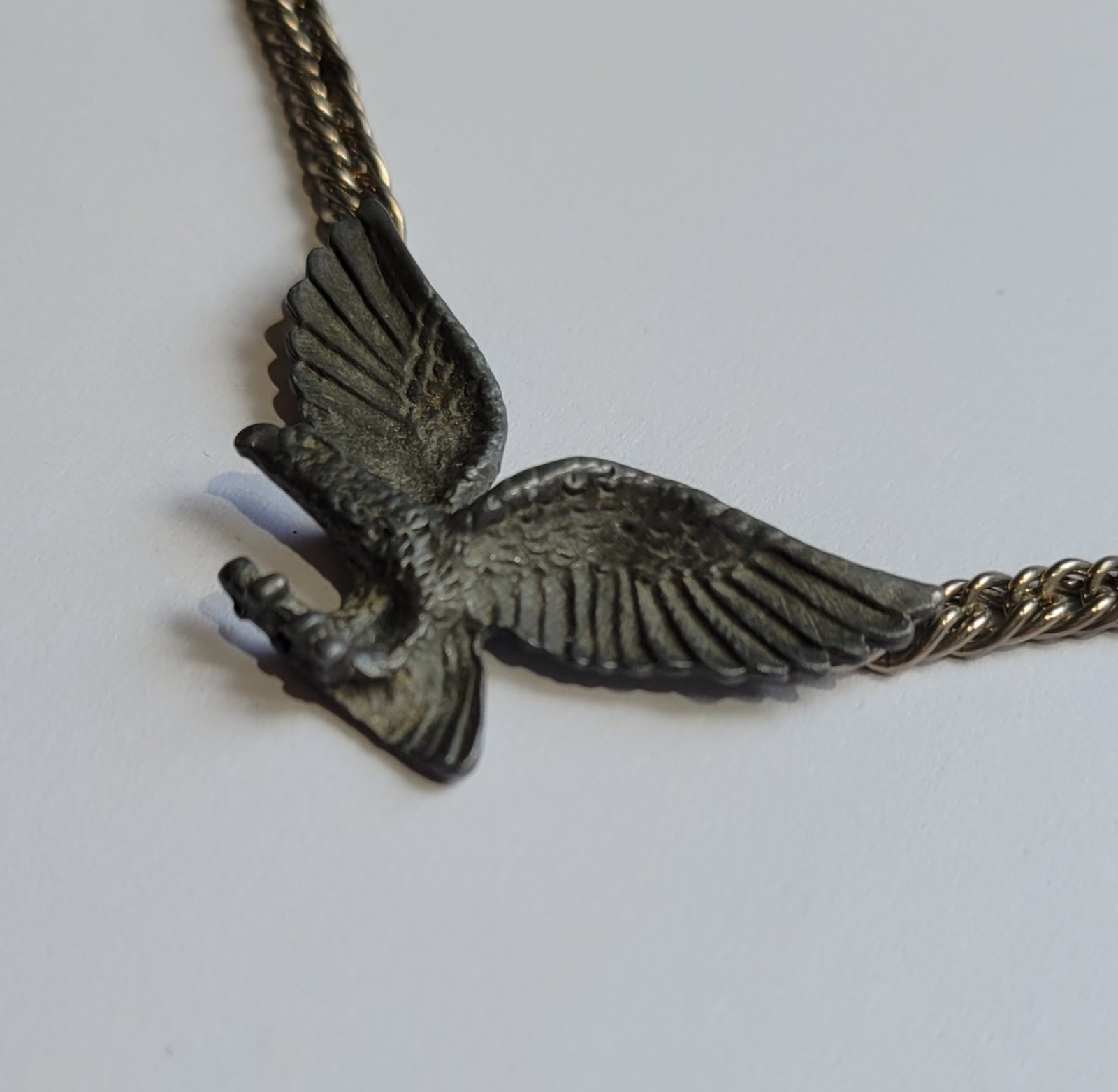 Pewter Flying Eagle Pendant 18in Chain Attached To Wing Tips Necklace Vintage