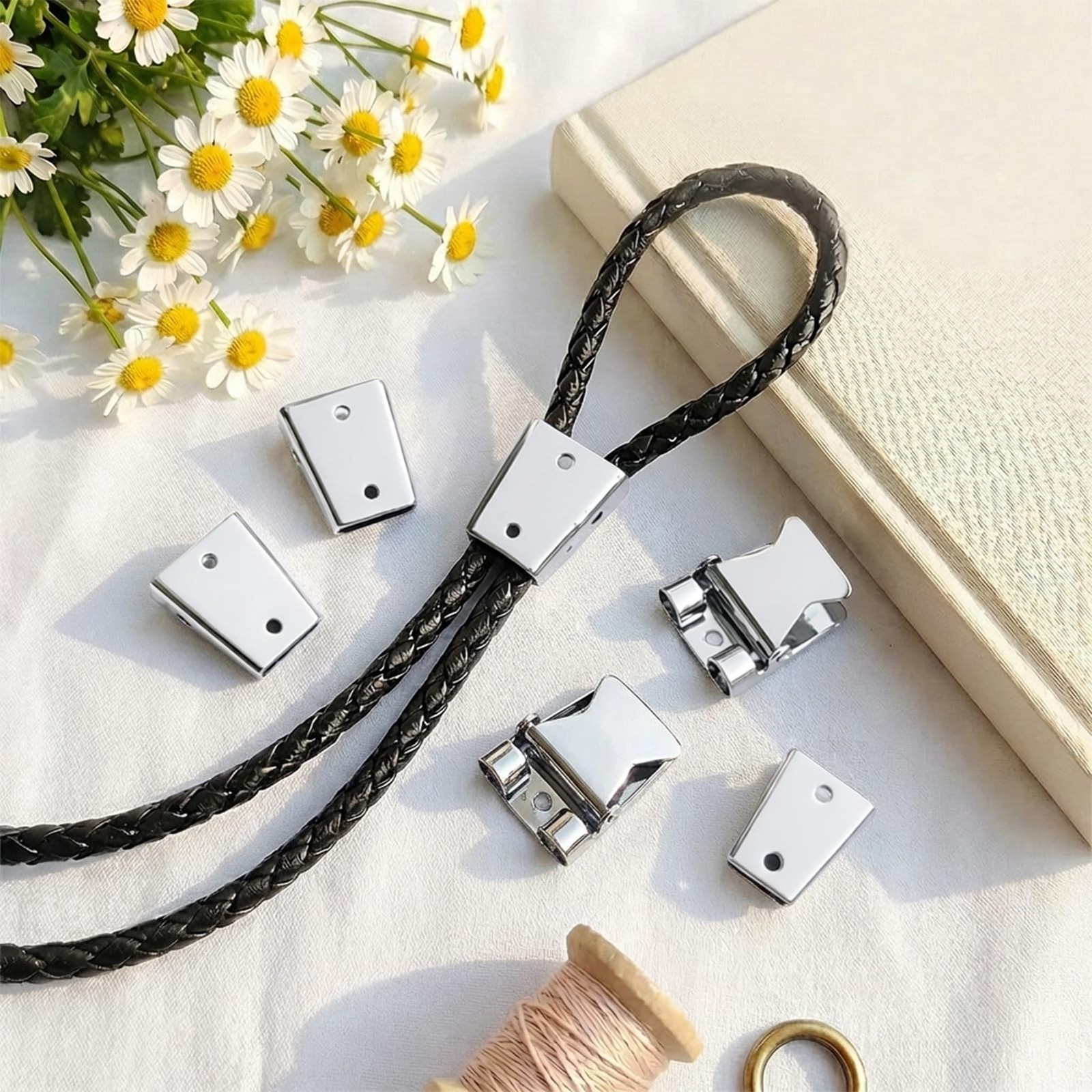 6 Pcs Silver Bolo Tie Findings Set, 2 Sizes Slider Clasps, and Bronze