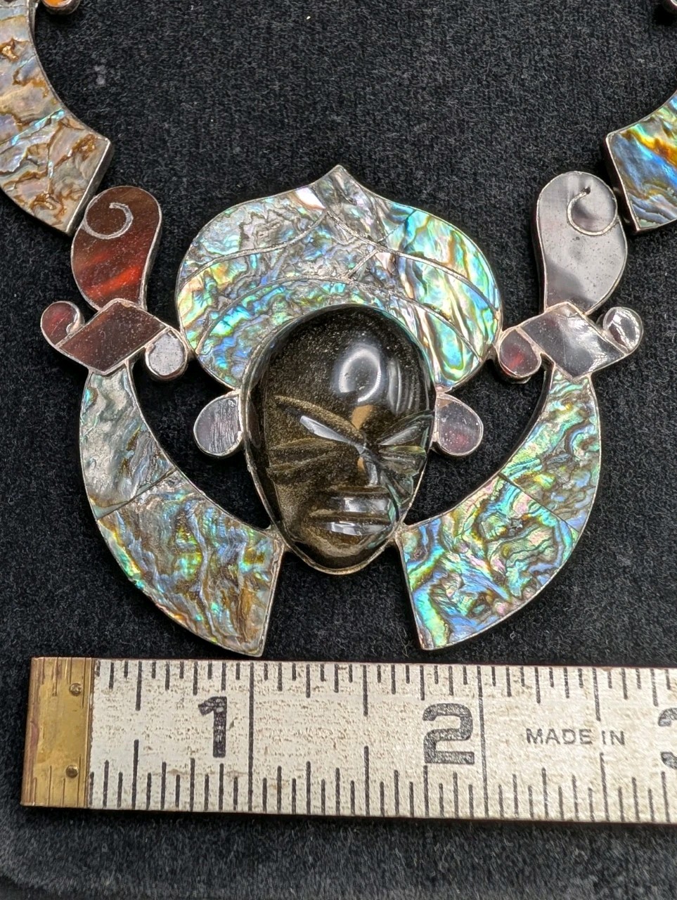 Vtg Statement Piece 925 Mexico Sheen Obsidian Tortoise & Abalone Shell