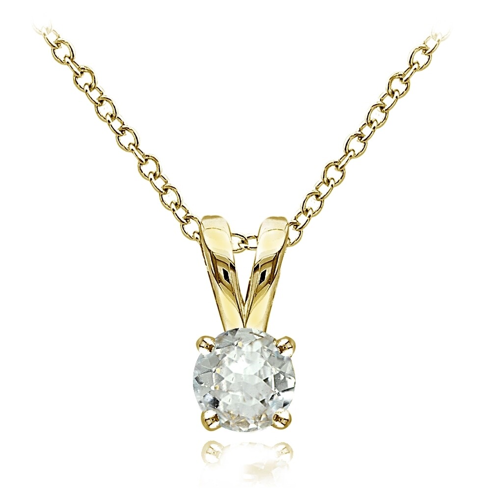 Yellow Gold Flashed Sterling Silver Aquamarine 5mm Round Solitaire Necklace