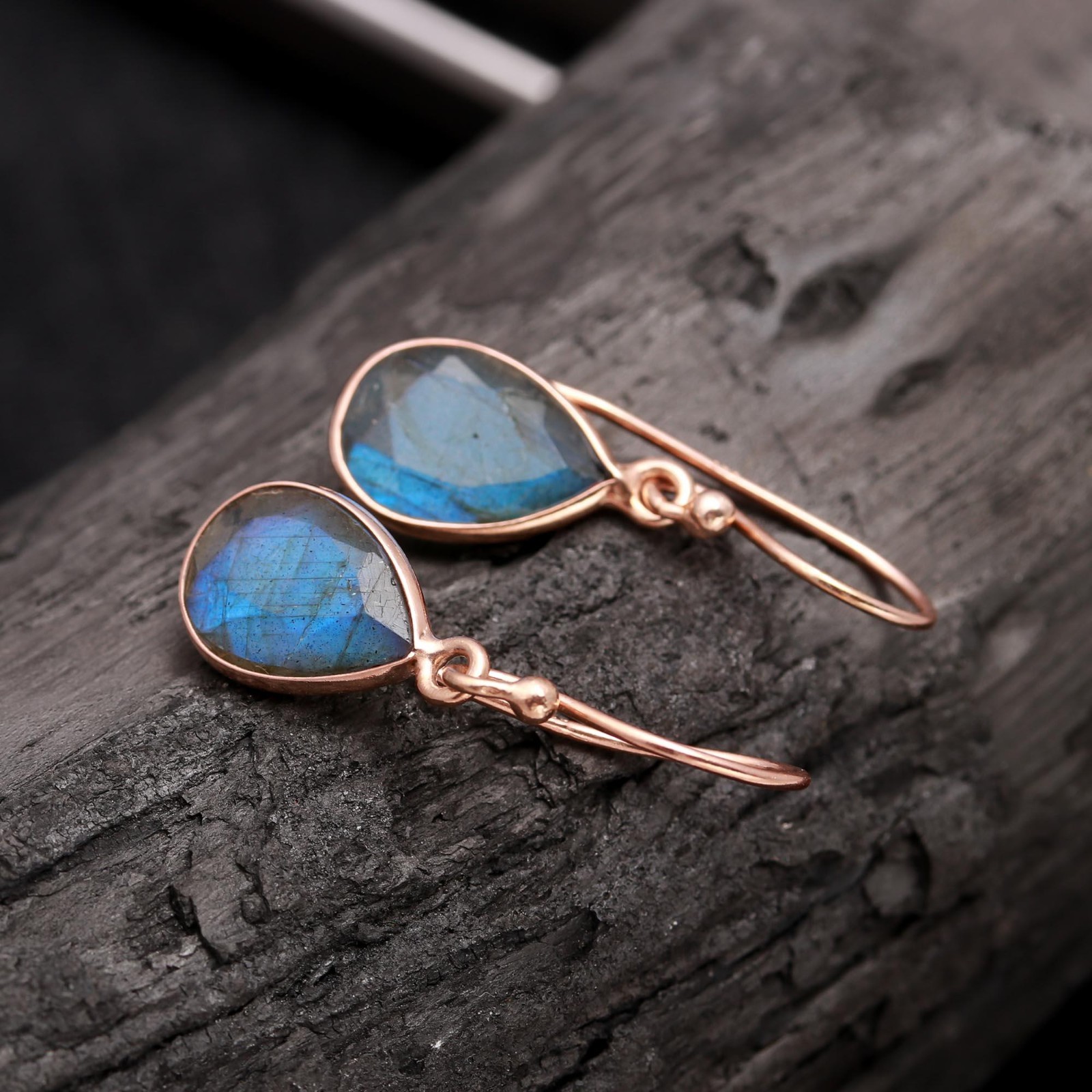 Natural Labradorite Pear Dangle Earrings Rose Gold Plated Solid Silver Jewelry