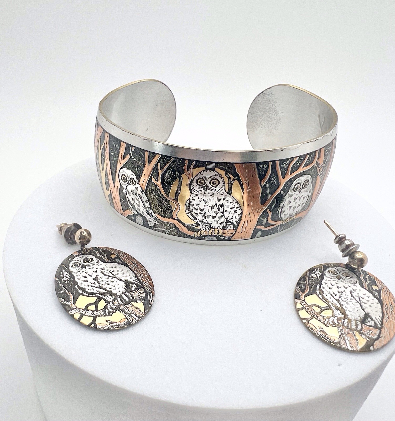 Vintage OWL Spooky REED & BARTON Damascene Cuff Bracelet Dangle Earrings Set