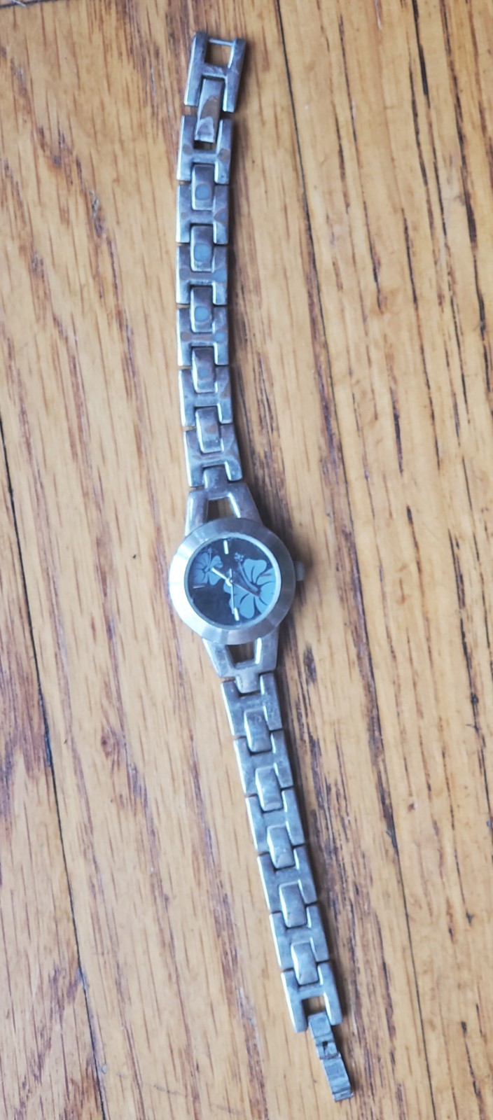 PANAMA JACK ‘Surf Girl’ Watch Vntg – Blue Flowers, Silver Link Band – Not Tested