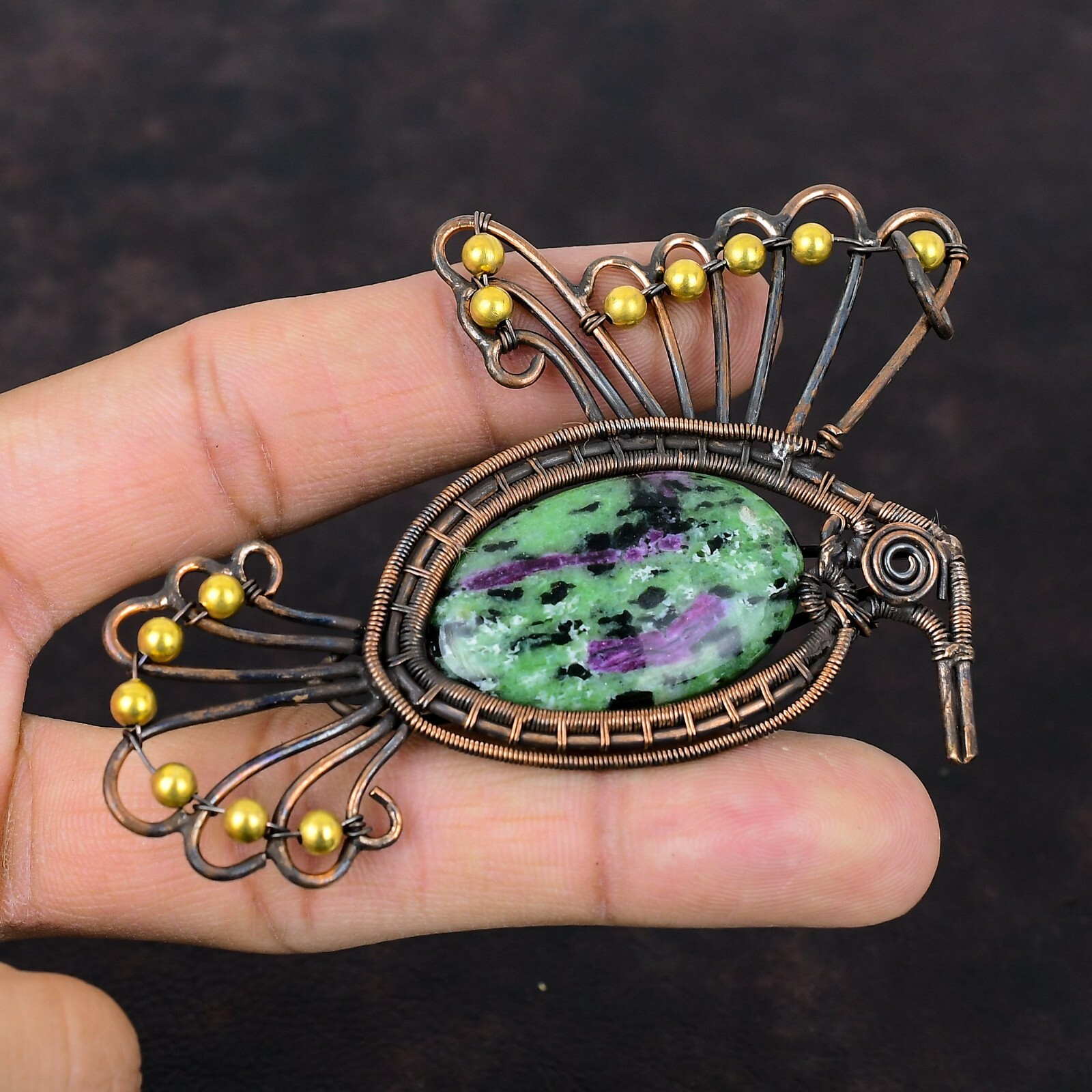 Ruby Zoisite Wire Wrapped Bird Pendant Handcrafted Copper Dailywear 4.17″