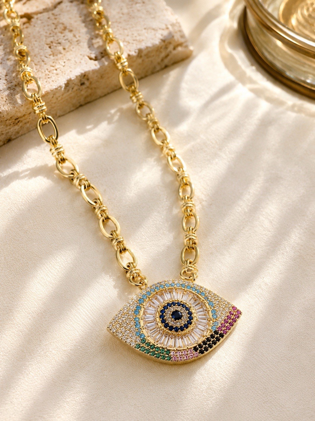 Gold Tone Multicolor Evil Eye Crystal Pendant Necklace Adjustable Chain Gift