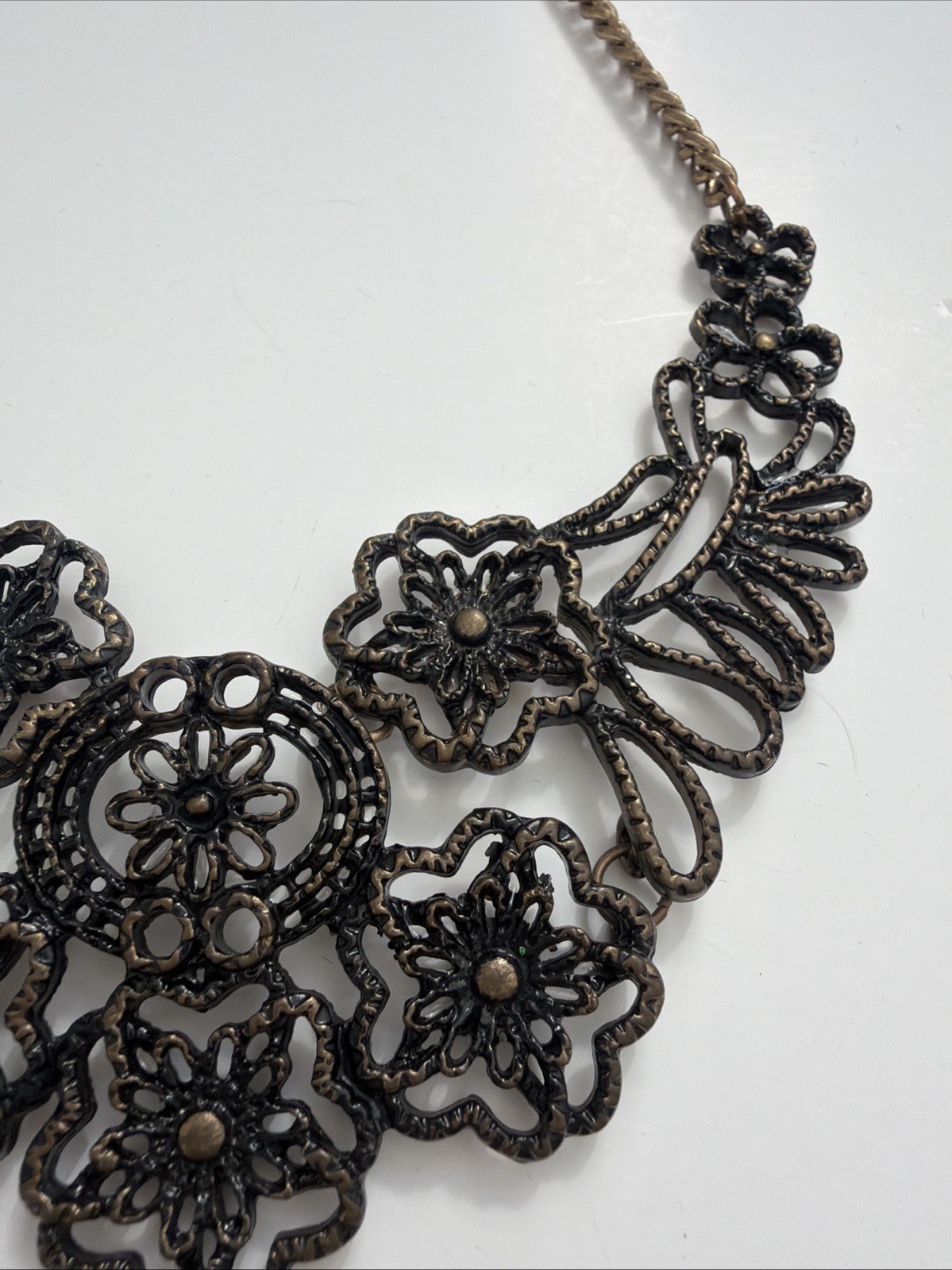 Vintage Style Bronze Filigree Floral Bib Necklace Statement Boho Cottagecore