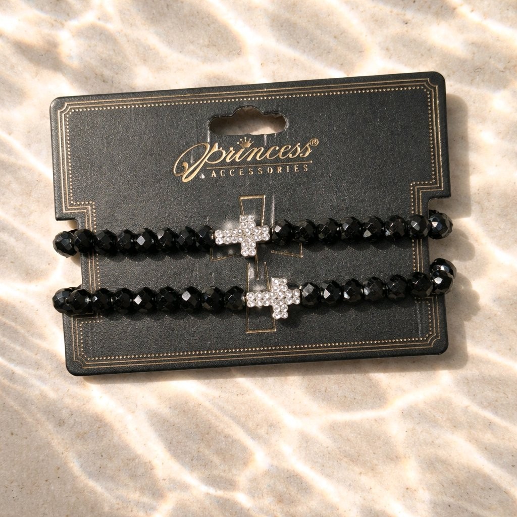 Cross Bracelet Beaded Stretch Double Strand Clear Black Rhinestone NEW Religious