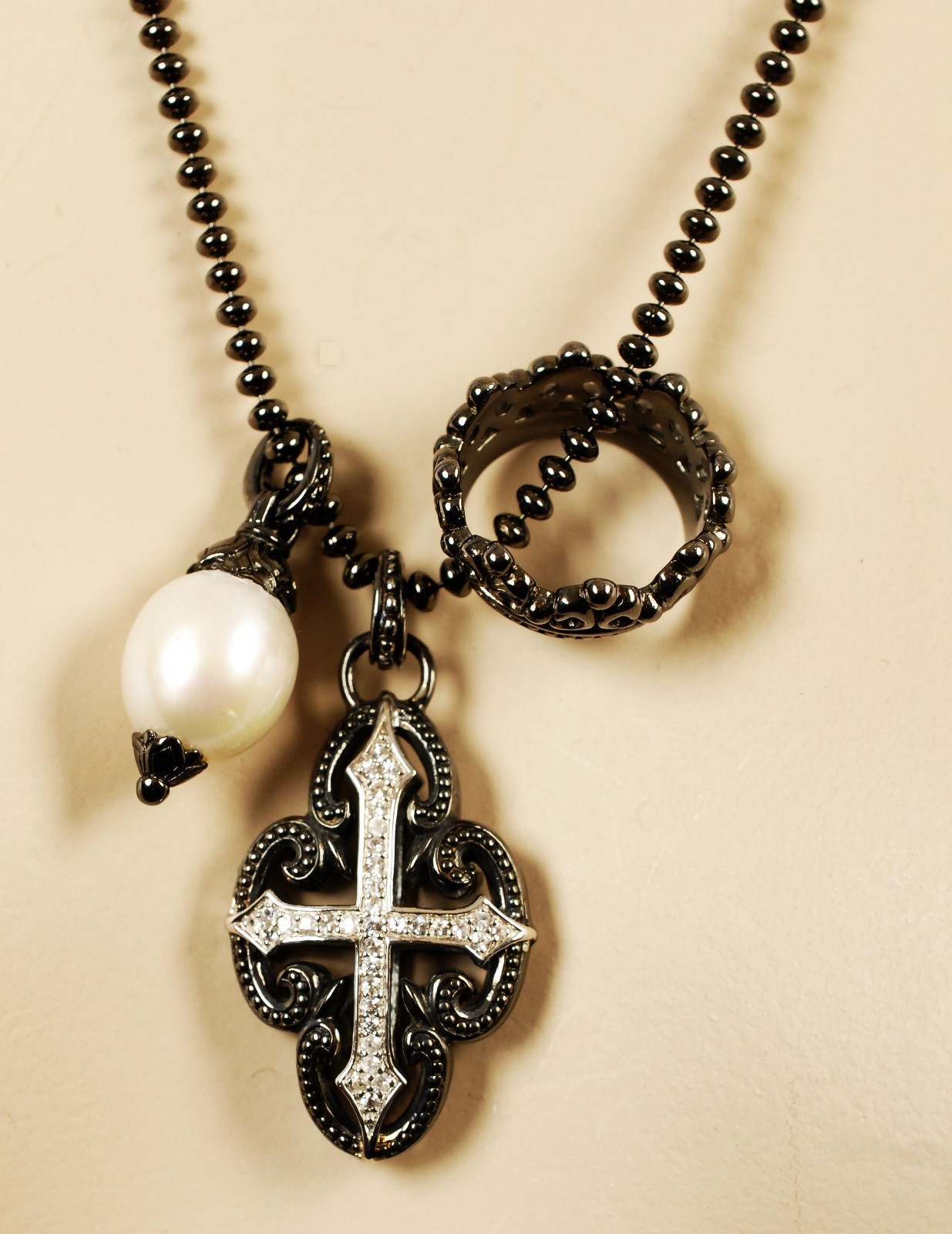 $750 Scott Kay Ruthenium Ball Chain Pearl Cross Charm Necklace Women Lady Gift