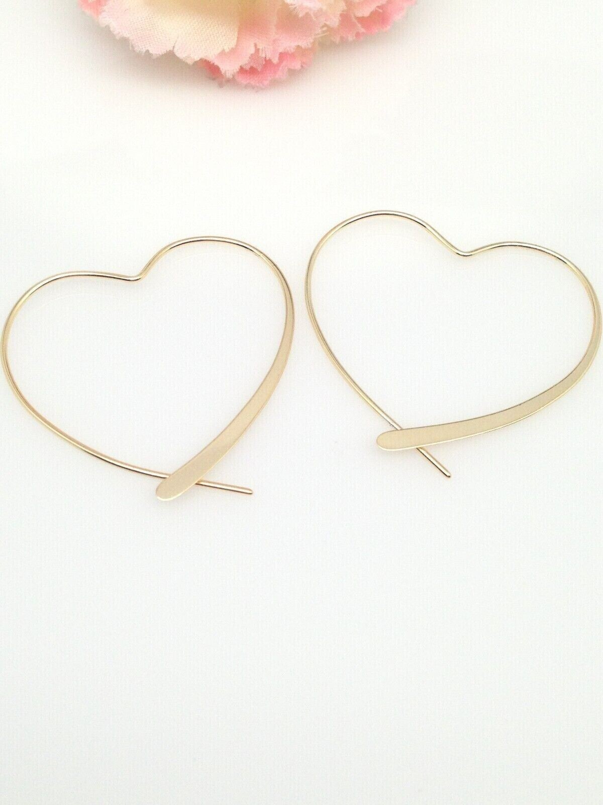 925 Sterling Silver Gold Heart Hoop Threader Earrings Women 34mm x32mm Medium