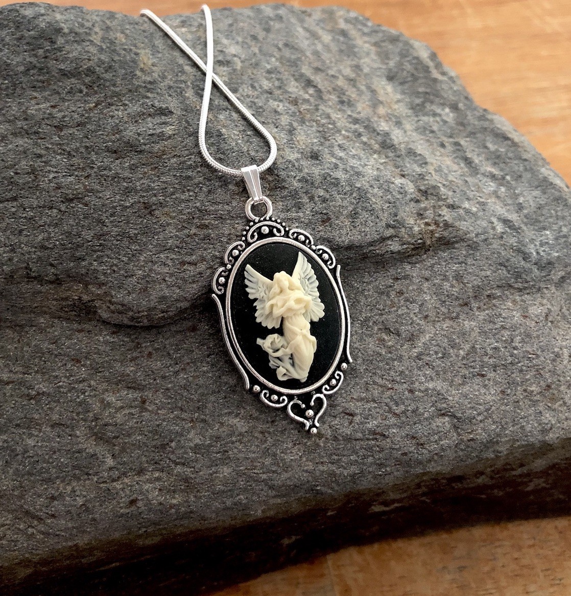 Vintage Guardian Angel Cameo Necklace, Ivory & Black, Sterling Silver Chain