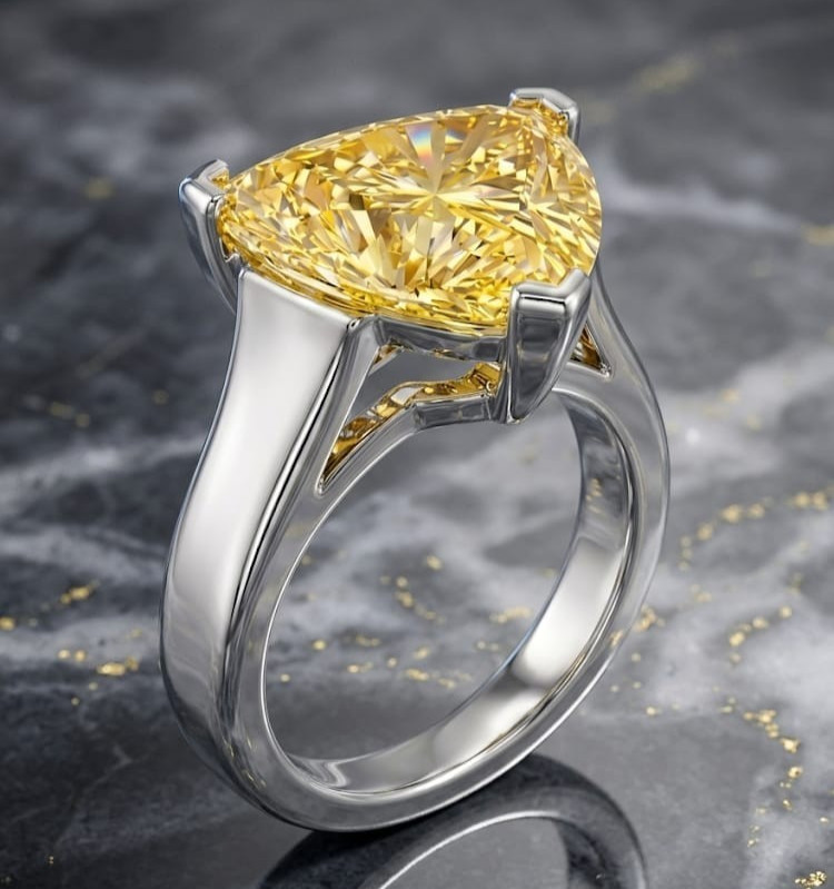 RARE 4.30 Ct Certified Trillion Yellow Natural Diamond Ring White Gold Finish