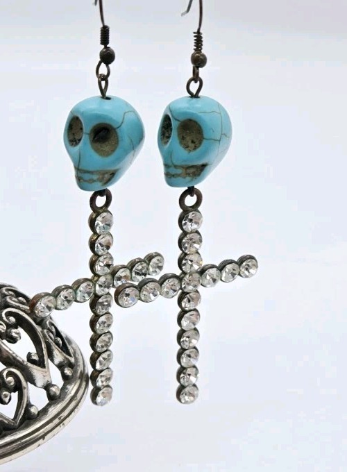 Turquoise Howlite Crystal Cross Drop Dangle & Skulls Earrings Halloween 3.75 in