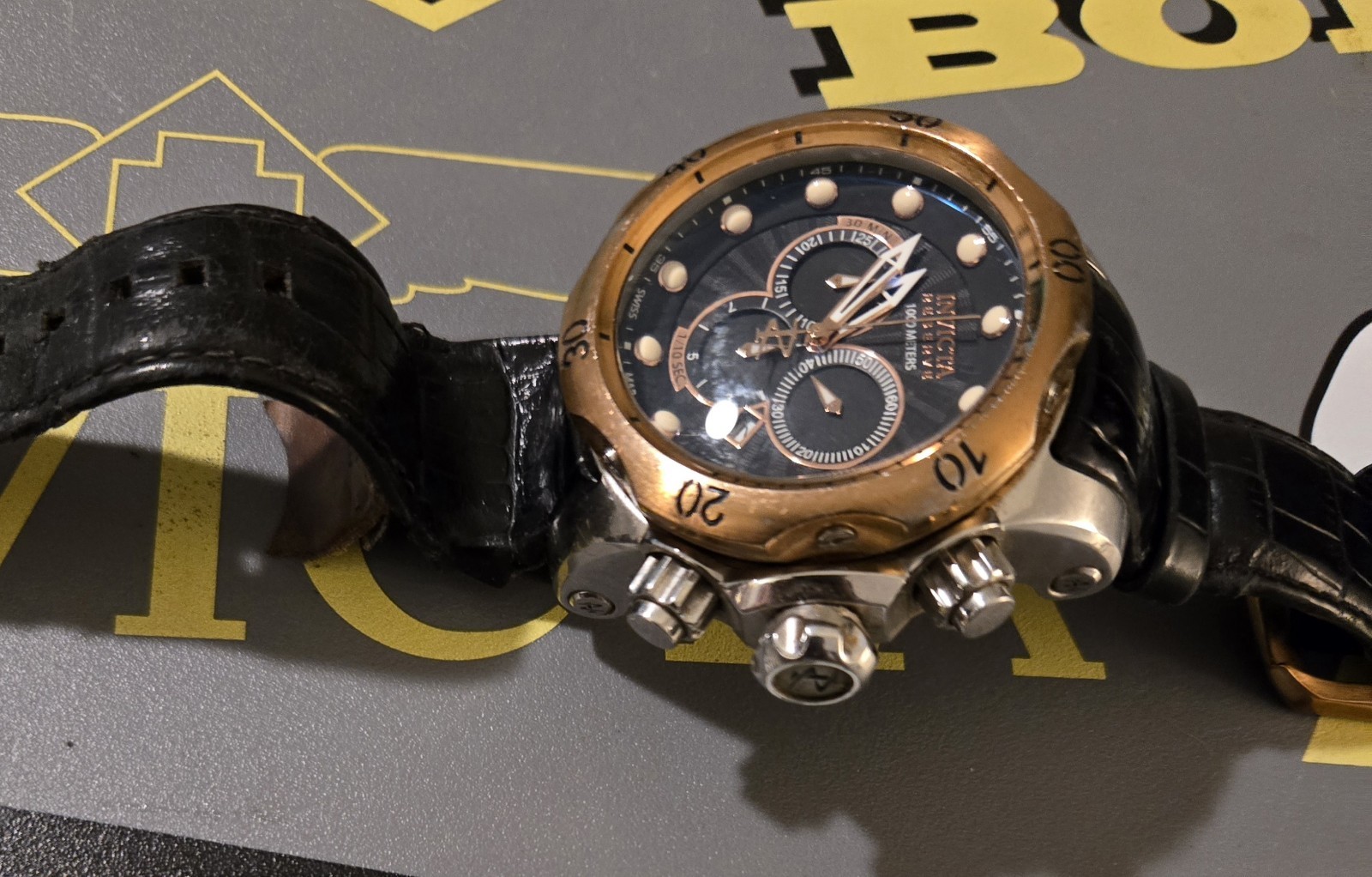Invicta Reserve Men’s Quartz Chronograph Black Dial Leather Strap 52mm 1000m