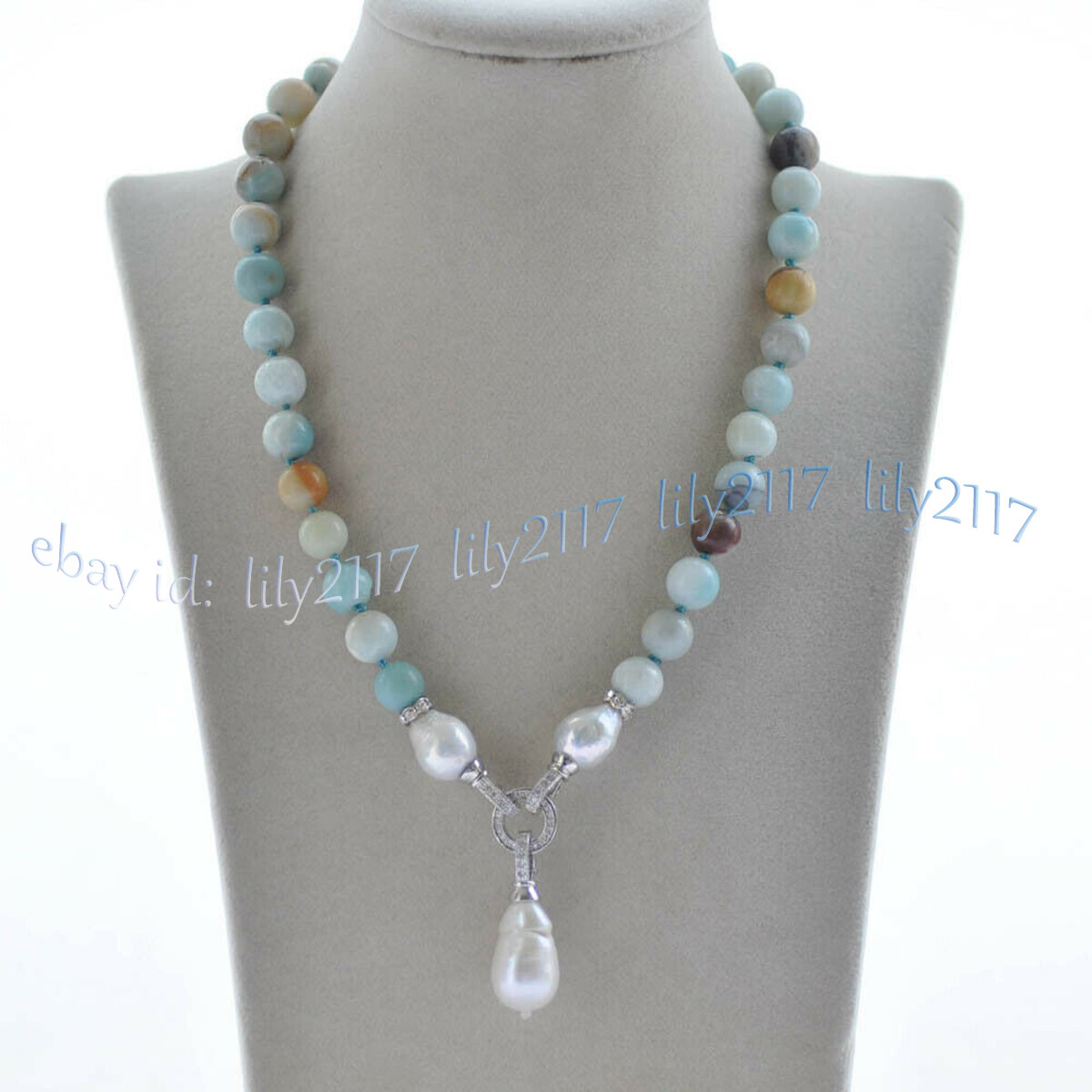 10mm Multicolor Amazonite Natural White Keshi Baroque Pearl Pendant Necklace