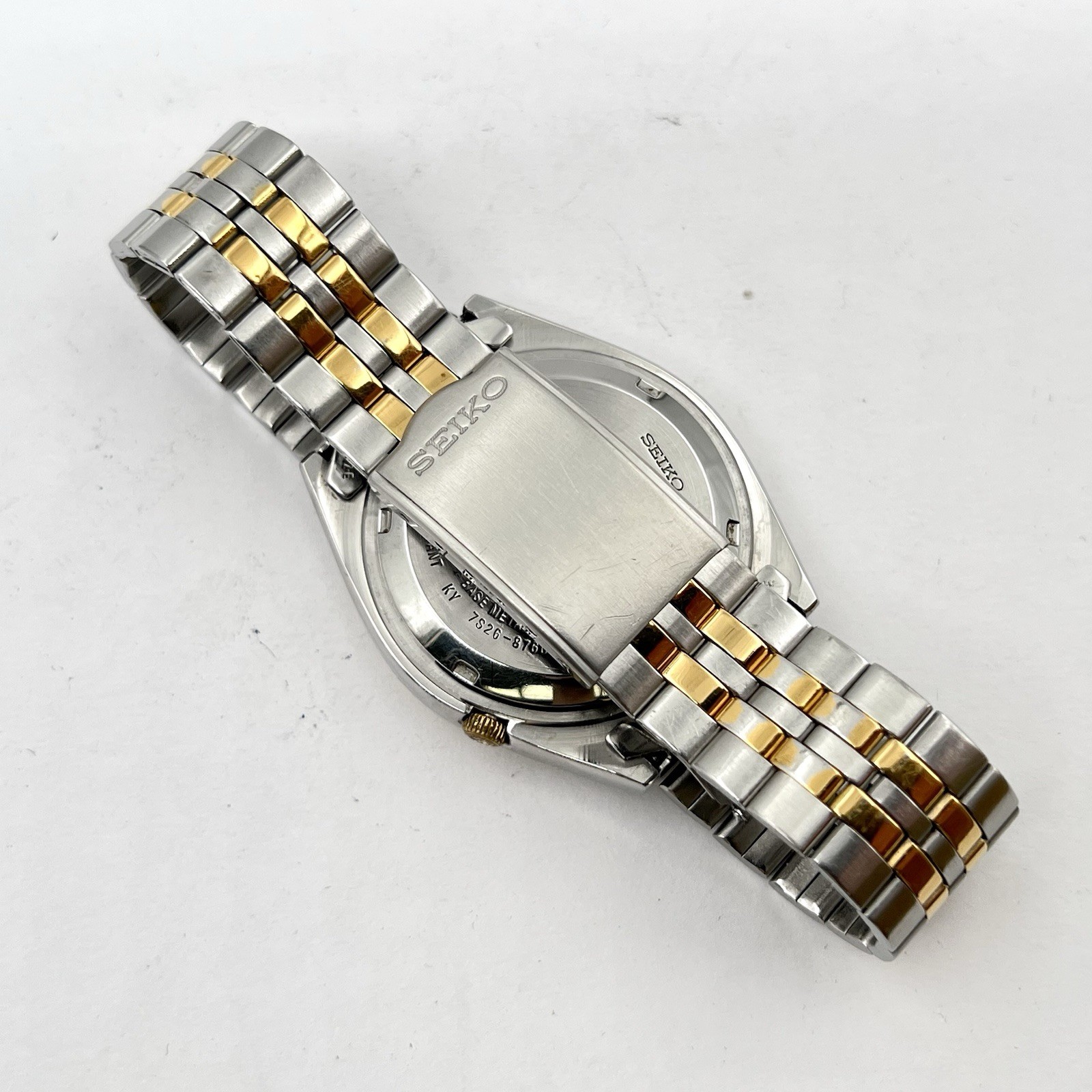 Seiko 5 Automatic Day/Date Steel Gold Tone White Teaked Dial 38mm Watch SNX166