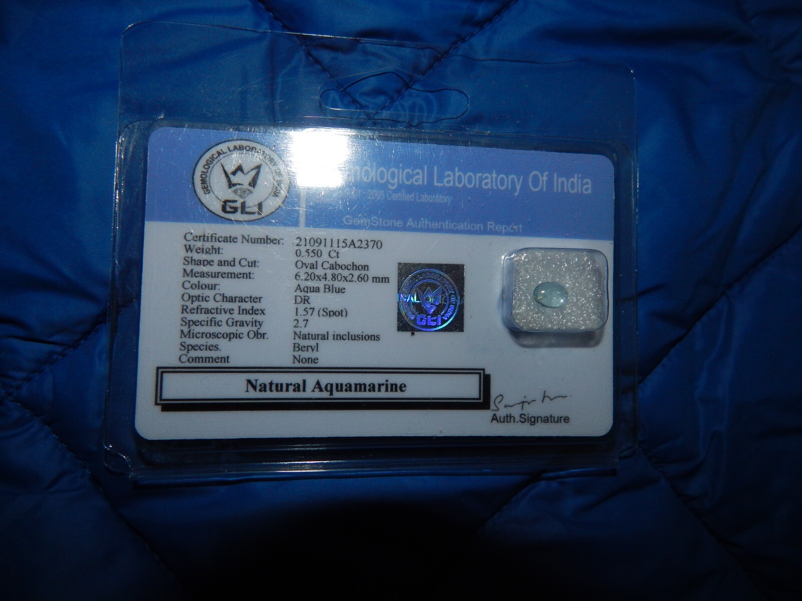 Gemological Laboratory of India (GLI) Certified Natural Aquamarine – Oval Caboch