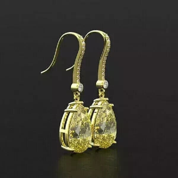 3Ct Pear Cut Simulated Yellow Citrine Drop Dangle Earring 14K Yellow Gold Plated